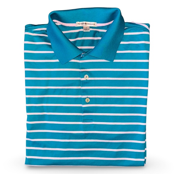 Peter Millar Crown Teal Pink Striped Polo w Contrast Collar - Picture 3 of 11